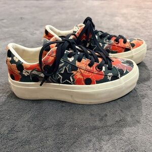 Converse Black and Orange Polka Dot Floral Platform Sneakers